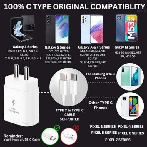 Image of Original C to C Fast 25W Charger Compatible with Samsung S Series | Super Fast Charger Adapter for S24 / S23 / S23 fe / S22 / S21 / S21 fe / S20 (with Cable)*White GFR563