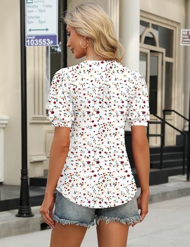 Image of IECCP Womens Tops Puff Short Sleeve Shirts Dressy Casual Henley V-Neck Summer Tops Pleated T-Shirts Loose Fit Tunic Blouses