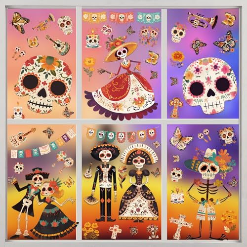Image of Halloween Window Clings for Glass Windows, Dia de Los Muertos Decorations | 9 Sheets Day Of The Dead Window Stickers, Mexican Fiesta Holiday Party Decor Indoor with Sugar Skull, Skeleton Musical Decals