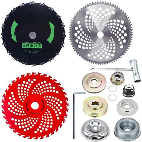 Brush Cutter Blade Kit for Weedeater, 9" x 20T Chainsaw Tooth, 10" x 80T Carbide Tip, 9" x 36T Carbon Steel Blades, Compatible with Stihl, Husqvarna, Ego, Oregon, Hitachi Trimmer