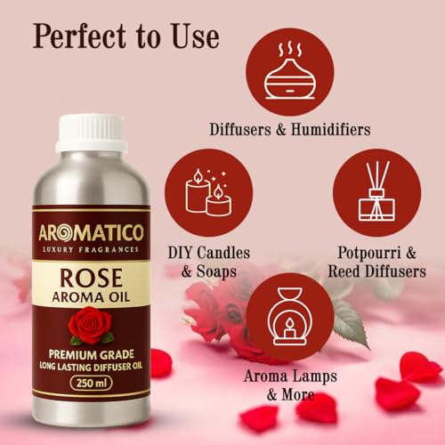 Image of AROMATICO Rose Diffuser Oil with Strong, Long-Lasting Aroma For Homes, Offices & Showrooms. Aromatherapy, Diffusers, Air Purifiers, Vaporizers - 250 ml