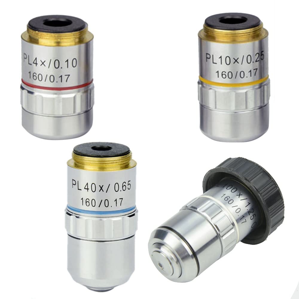 Kit de accesorios para microscopios Microscopio Plan acromático objetivo lente 40X 10X 4X 100X Plan acromático objetivo objetivo microscopio biológico Universal 195mm lente RMS hilo Portaobjetos de mi
