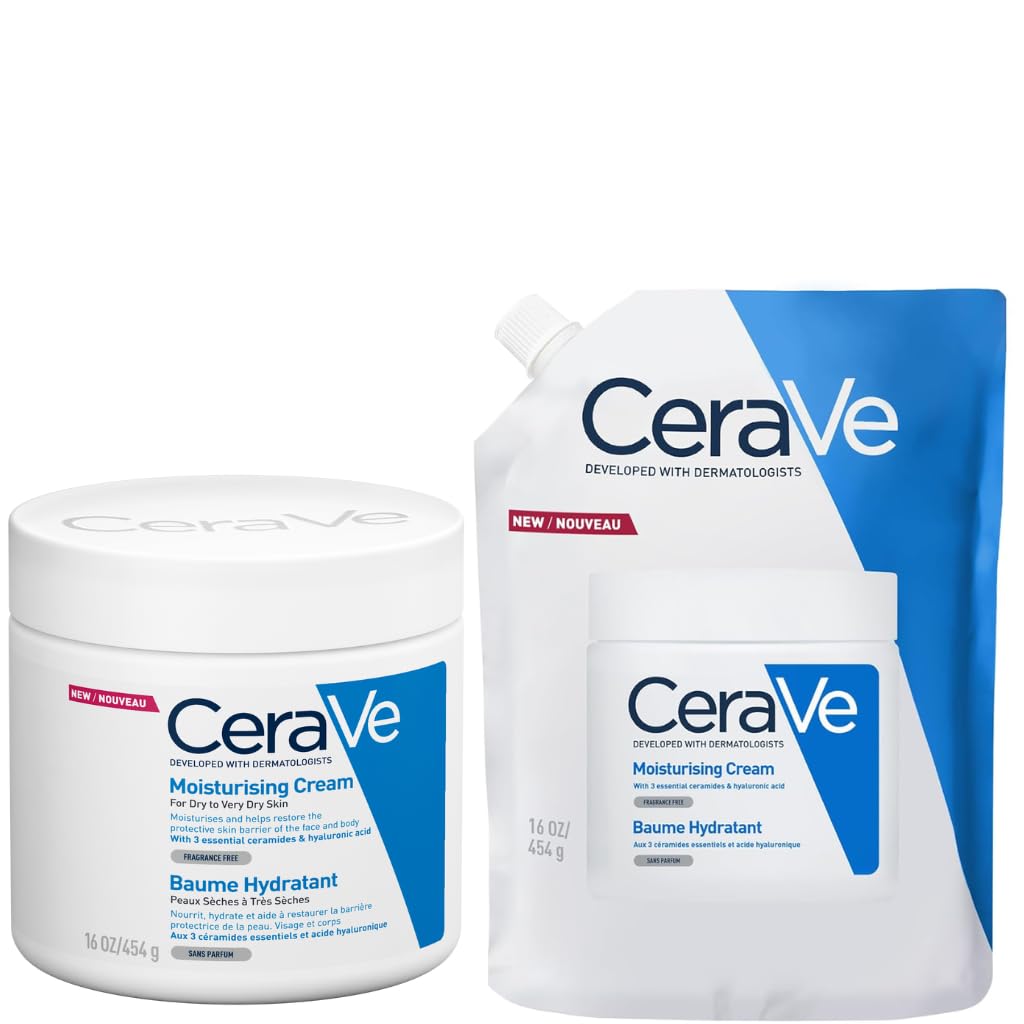 CeraVe Feuchtigkeitscreme mit Nachfüllung - Mit Hyaluronsäure & 3 essentiellen Ceramiden - Reichhaltige Hydratation für trockenes bis sehr trockenes, empfindliches Gesicht & Körper (454g Glas + 454g