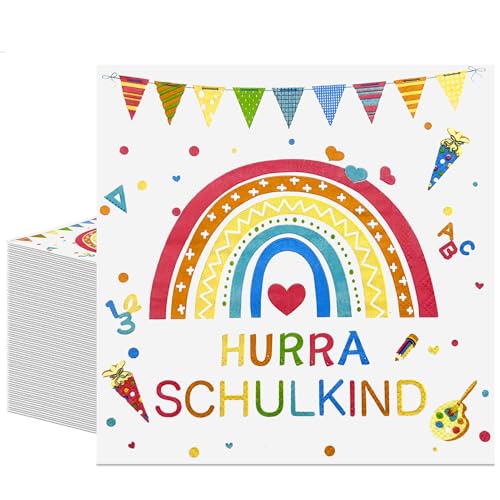 50 Stück Servietten Einschulung Regenbogen HURRA SCHULKIND Reißfest & Saugstark Schulanfang Deko Tischdeko Schulkind 2026 Deko Party für Mädchen Junge 33x33 cm