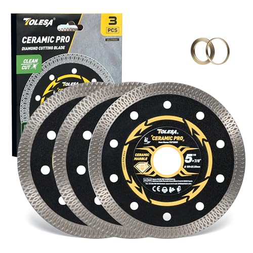 TOLESA Diamantscheibe 125mm Extra Dünne Diamantscheibe für Fliesen Keramik Marmor und Granit Zum Nass- oder Trockenschneiden mit 22 23 mm Bohrung und Adapterringen 20 mm & 16 mm (3er-Set)