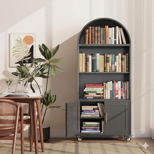 Image of 72.3 inch Black Metal Arched Bookcase with Lockable Wheels, 2 Adjustable Shelves, Tall Rolling Storage Cabinet for Living Room, Home Office, School, Assembly Required