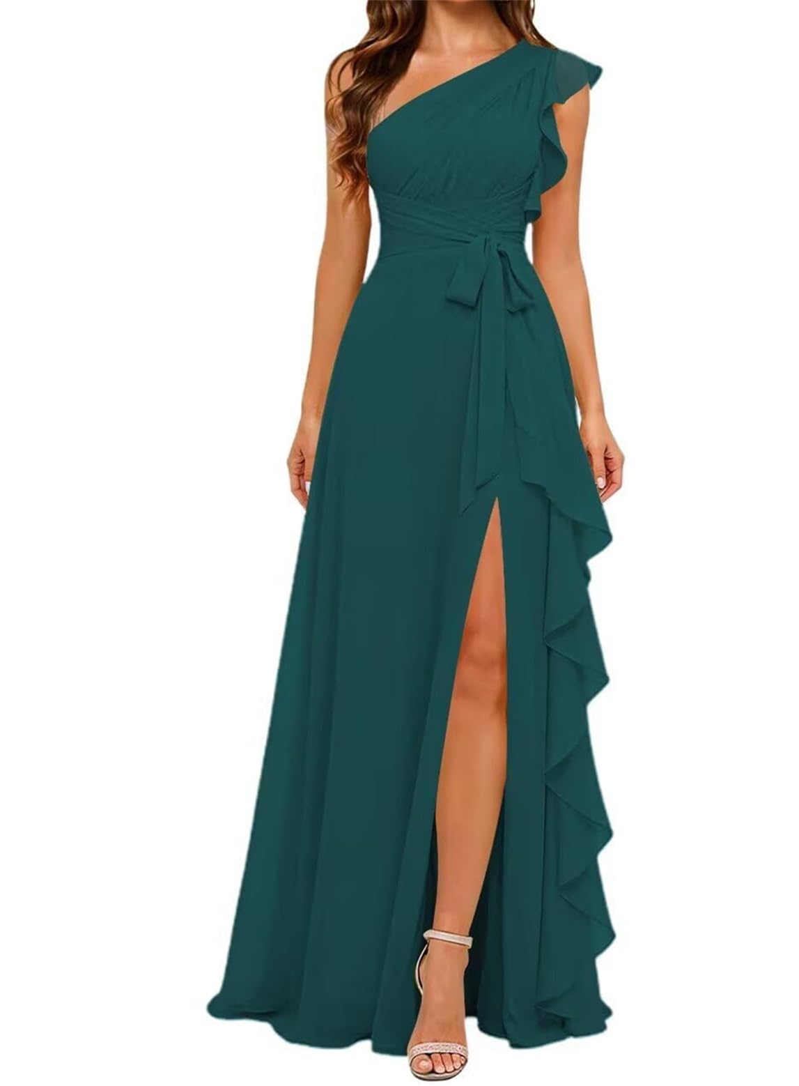 WQL056 - Vestidos de dama de honor de gasa para boda, plisado, línea A, formal, para fiesta de noche, vestido largo con abertura