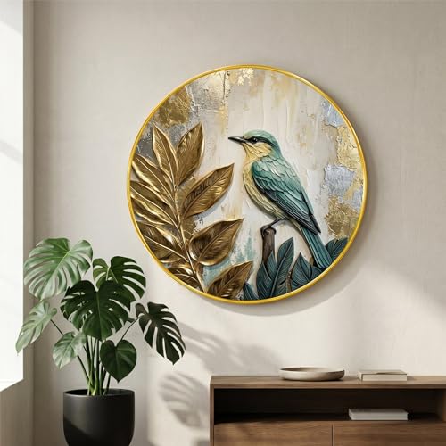 Image of SAF Bird Leaf Wall Painting with Golden PVC Frame Round Nature Art Modern Luxury Decor Elegant Bird and Foliage Design for Living Room Bedroom Office Home Gift Item (23 x 23 Inch) GR-366