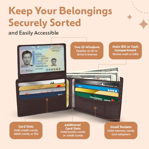 Full Grain Leather Wallet for Men – Slim RFID Blocking Card Holder for Men – Bifold Wallet for Mens – Compact & Durable – 8 Card Slots & 2 ID Windows (DARK BROWN)4
