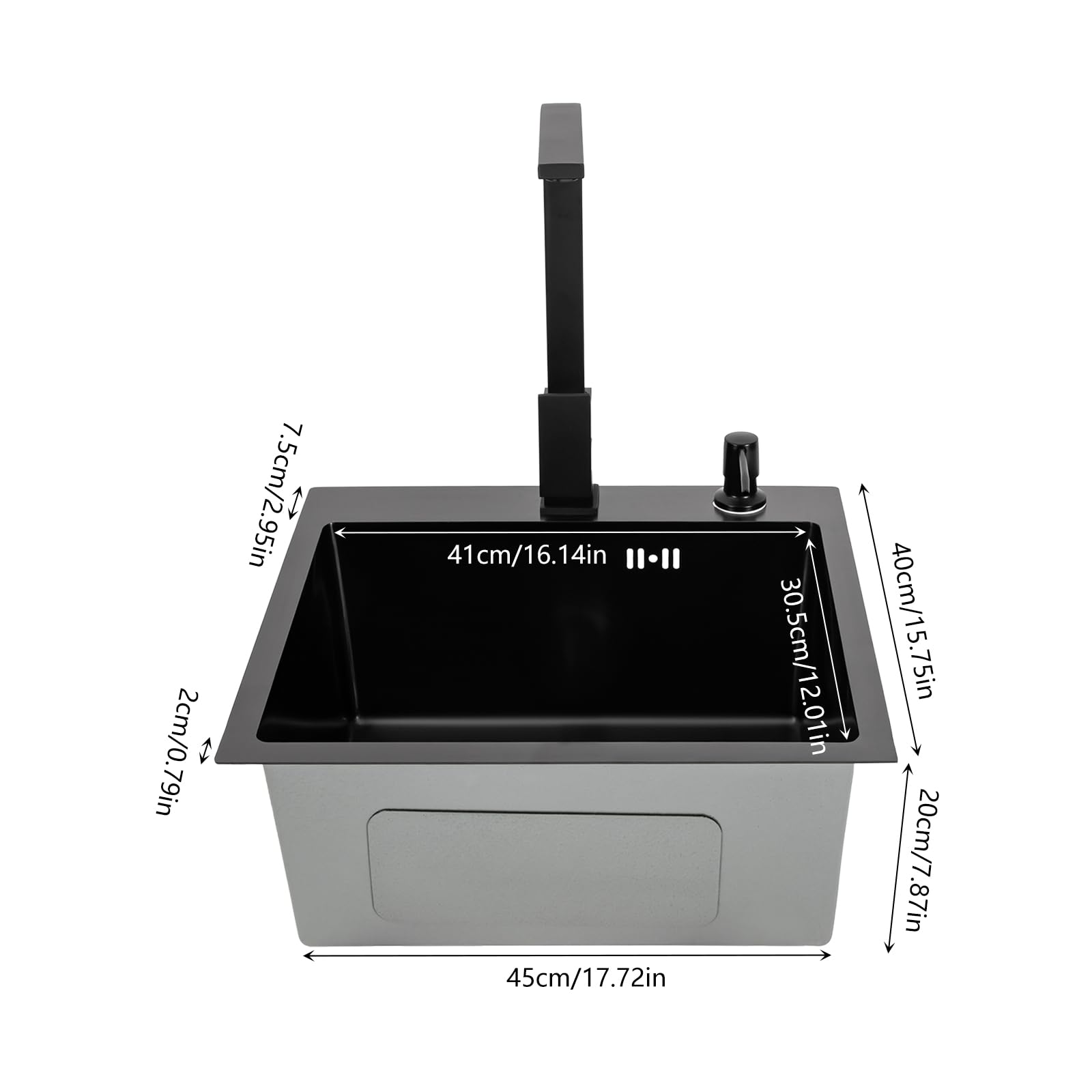 Kit de fregadero de cocina de acero inoxidable negro mate, incluye fregadero empotrado, grifo de cocina con dispensador de jabón y bajante de 45 x 40 cm, giratorio 360 ° - Fregadero Cocina 1 Seno