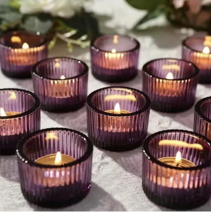 Ribbed Glass Tealight Candle Holders, Set of 6, Table Decor for Weddings, Candlelight Dinner, Diwali, Party (Pack of 6) (Purple)-image-26