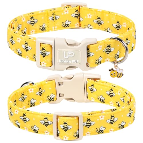 Image of Summer Bee Dog Collar, Cute Bee and Floral Pattern Cotton Adjustable Pet Collar with Durable Quick Release Buckle, Soft Lightweight for Small Medium Large Dogs