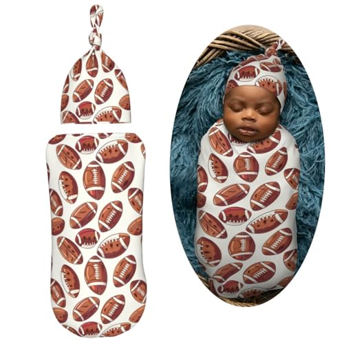 Image of American Funny Football Newborn Swaddle Blankets Hat Sets Soft Baby Receiving Blanket Swaddle Sack for Baby Shower Infant Boy Girl Gift