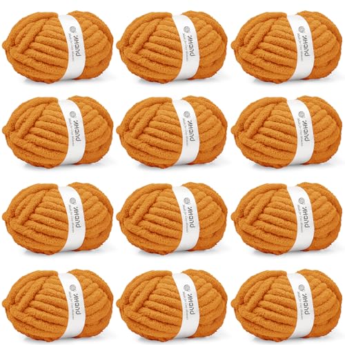 Image of Inhand Orange YellowChunky Chenille Yarn for Hand Knitting,Thick Bulky Fall Decor Blanket Yarn for Crocheting,Soft Fluffy Yarn for Autumn Crochet Gifts for Women /Beginners,12 Pack (29.5Yds /8.4oz Each)