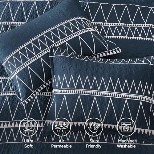 Image of Andency Navy Oversized Super King Quilt Set, 3 Pieces Boho Lightweight Soft Striped Bedspread for All Season (120 inchx120 inch), Printed Bohemian Polyester Reversible Coverlet Comforter Sets
