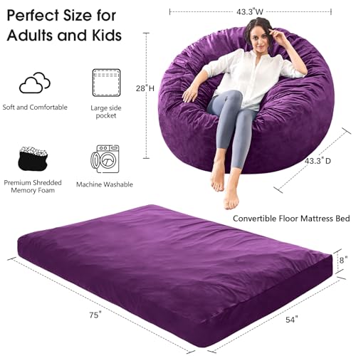 Bean Bag Chairs for Adults - Giant Bean Bag Chair Convertible Bean Bag Bed - Beanbag Chair with Micro Fiber Cover/Furniture Foam Filler - Floor Couch Sofa in Bedroom Dorm Room - Full Purple - Image 4