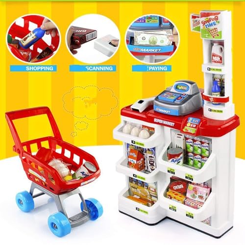 Image of Cash Supermarket Playset with Working Scanner Register Plastic 42 Pcs Big Size Kitchen Playset | Musical & Light Kitchen Set Toy for Kids with Sound and Accessories Set for (Home Super Market)