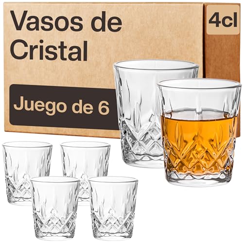 6 Vasos de Chupito de Cristal de 4cl - Aptos para Lavavajillas - Estables gracias a su Base Gruesa - Diseño Vintage tipo Whisky