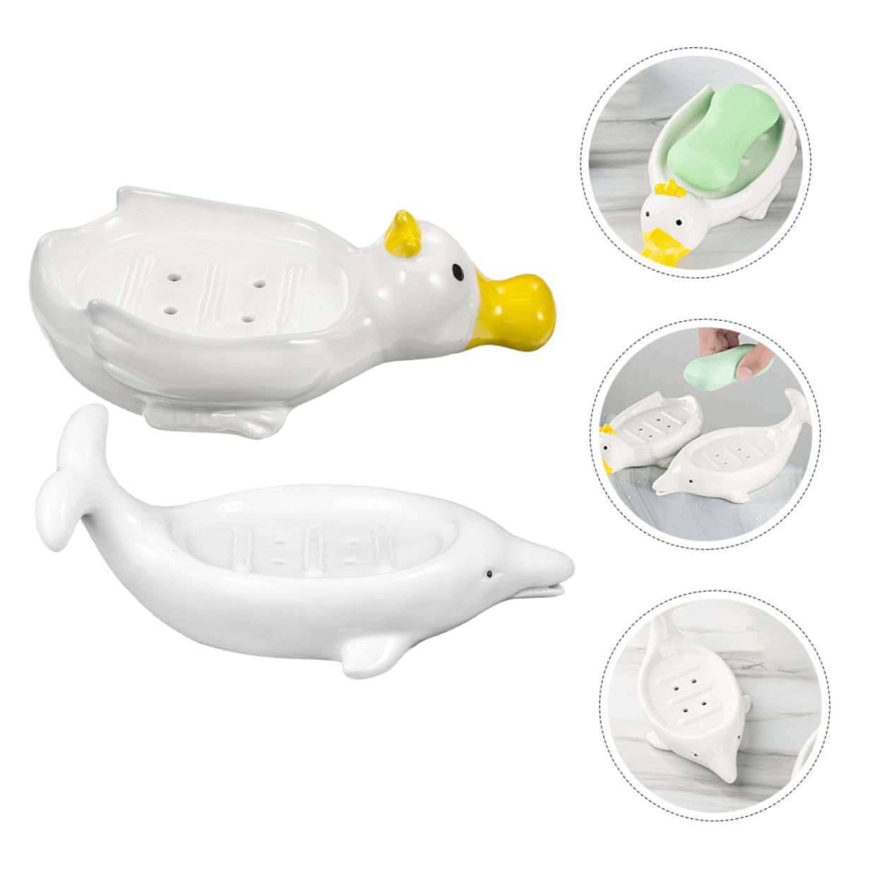 KOMBIUDA 2 Stück Keramik Seifenschale mit Niedlichem Enten Delfin Design Abtropfendes Langlebiges Badezimmer und Küchen Seifenhalter für Bad Küche Hotel und Geschenk
