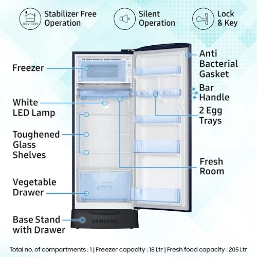 Image of Samsung 223 L, 3 Star, Digital Inverter, Direct-Cool Single Door Refrigerator (RR24H2823UZ /NL, Midnight Blossom Blue, Base Stand Drawer, Single Touch Defrost, 2026 Model)