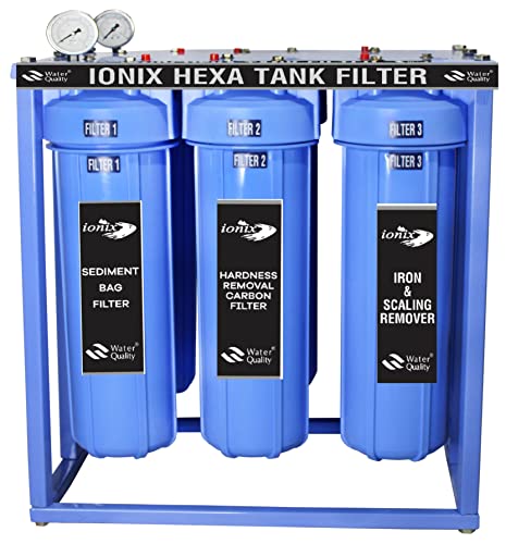 Image of IONIX Hexa Tank filter with 6 German Filter housings, 10000 Liters per day filteration capacity, For sediment, Hardness & salt filteration, 1 Set, Blue