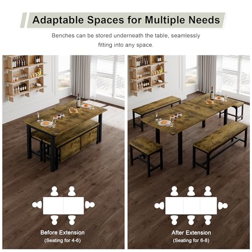 Feonase 5-Piece Dining Table for 4-8 People, 63" Extendable Kitchen Table Set with 2 Benches & 2 Square Stools, Dining Room Table with MDF Wood Board, Easy Clean, Rustic Brown