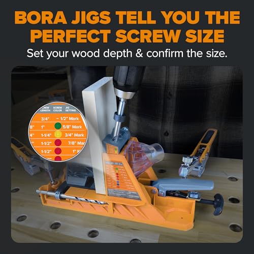 Image of BORA Automatic Pocket Hole Jig with 50 Color-Coated Screws, Auto Adjusting Drill Guide, Pocket Hole Jig Kit for Woodworking - For Materials 1 /2 inch to 1 1 /2 inch Thick, Power Tool Accessory Jigs