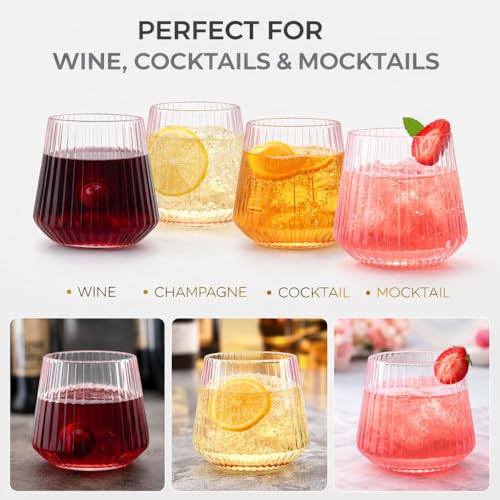 Image of 40 Pack Pink Disposable Plastic Wine Glasses 12 oz - Ribbed Stemless Cups