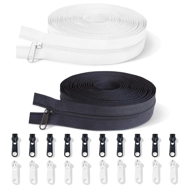 BIGCOMER #3 Nylon Long Zipper Tape for Sewing - 22 Yards Black & White Zippers by The Yard with 40pcs Bulk Metal Sliders - DIY Zipper Repair Kit & Replacement for DIY Bags Purses Tailor Crafts