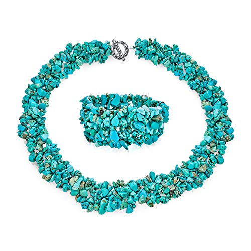 Large Wide Stabilized Turquoise Cluster Chips Bib Statement Collar Necklace Stretch Bracelet for Women Jewelry Set