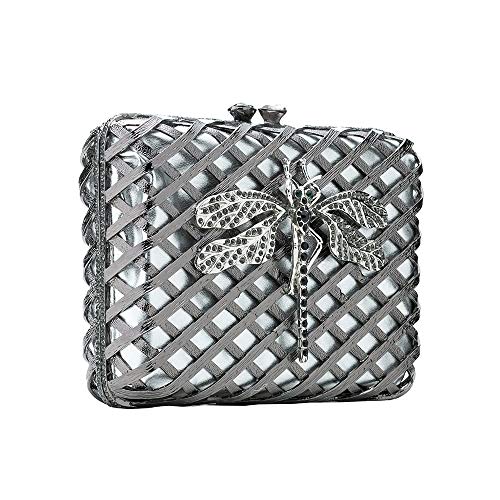 ISLA - Bolsa Clutch Metal Grafite Trama com Libélula em Cristais