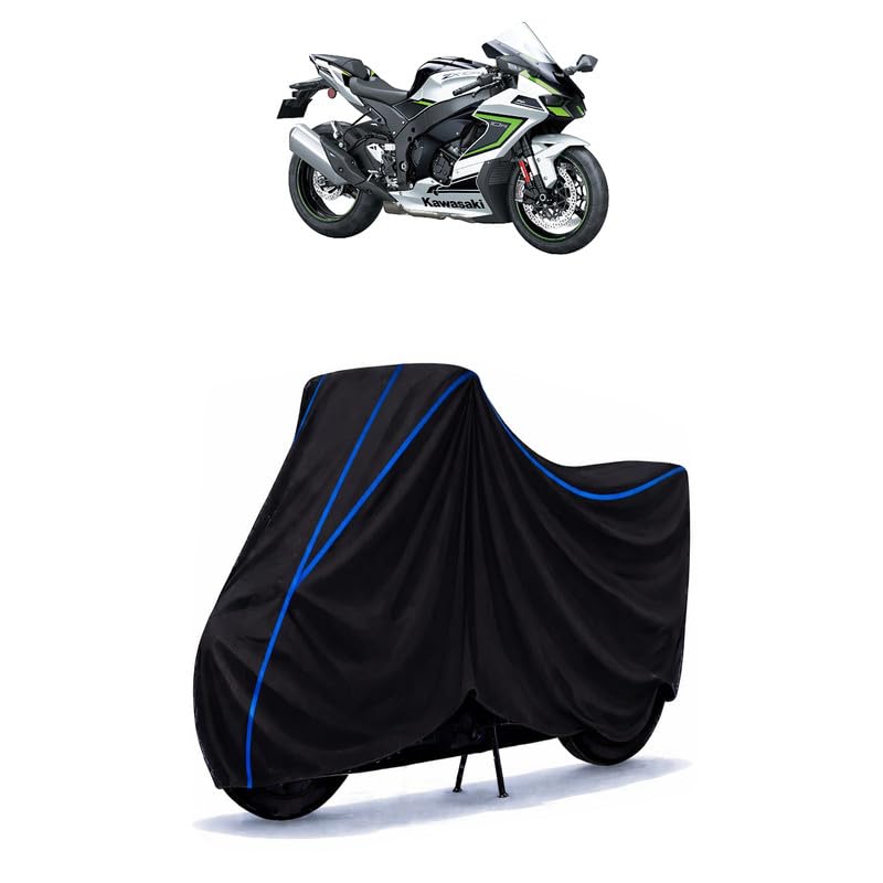 Image of Ninja ZX 10R Bike Cover Water Resistant Universal Motorcycle Rain | Heavy Duty UV Protection, Dust, Scratch Indoor Outdoor All Weather with Black Blue Piping Elastic