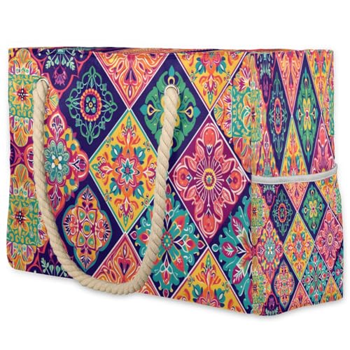 cfpolar Mexican Talavera Floral 1 Beach Bag for Women Ladies Large Beach Pool Tote Bag Sandproof Beach Tote with Zipper Gym Tote Carry On Bag Reusable Grocery Shopping Bag for Weekender Travel Daily