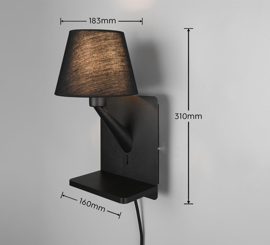Trio Leuchten Wandleuchte Comfort 262670132, Metall Schwarz matt, Schirm Stoff Schwarz, induktives Ladefeld, USB Ladebuchse |