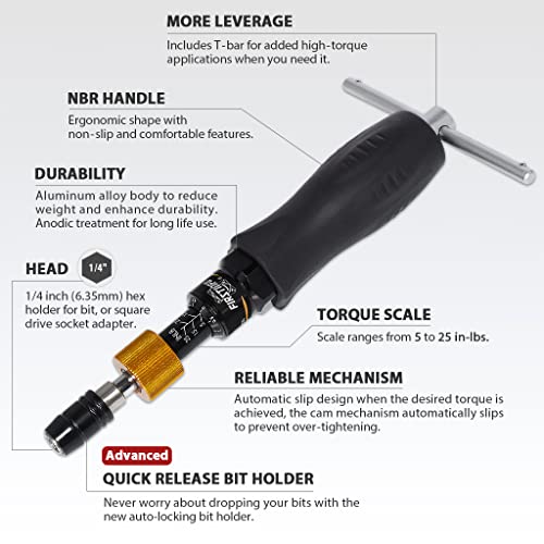 Image of FIRSTINFO H51835 Precision Certified Torque Limited Screwdriver 5-25 in-lbs with 1 /4 Inch Universal Hex Bit Holder Quick Release Design and Extra T-Handle