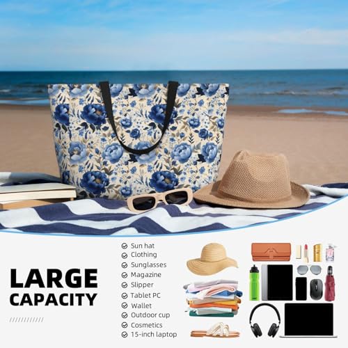 Large Beach Bags for Women Sandproof - Blue Peony Flower Print Summer Work Travel Tote Bags with Zipper4