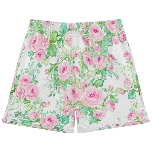 Girls Athletic Floral Print Lounge Shorts Pink Roses Green Leaves Kids Summer Comfy Pajamas Shorts, X-Small