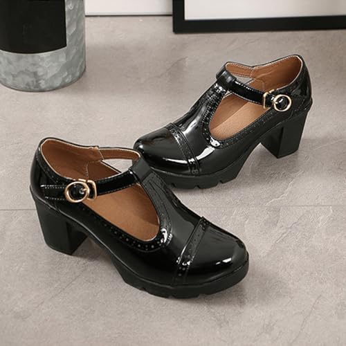 Women's Leather T-Strap Chunky Heel Mary Janes Shoes Classic Round Toe Buckle Mid Block Heel Oxford Pumps for Office Parties Dress Shoes4