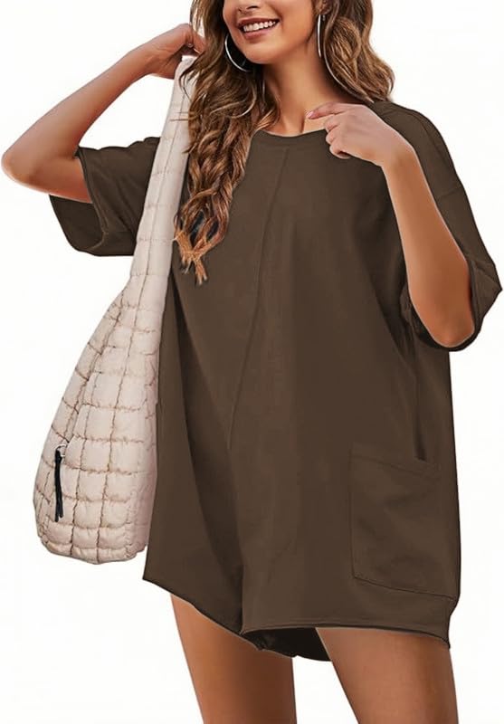 Combinaison Femme Été Manches Courtes Combishort Col en V Dos Nu Jumpsuit Casual Loose Salopette Short Chic et Élégant Grande Taille Une Pièce Shorts Avec Poches Décontracté Plage Rompers