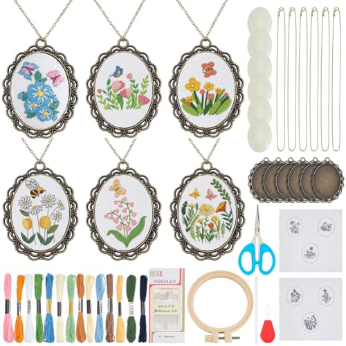 Image of INFUNLY 6 Sets DIY Flower Embroidery Pendant Kit with Chains for Adult Beginners Insect Embroidery Necklace Kits with Instructions Floral Necklace Starter Cross Stitch Kit for DIY Art Craft Women Gift