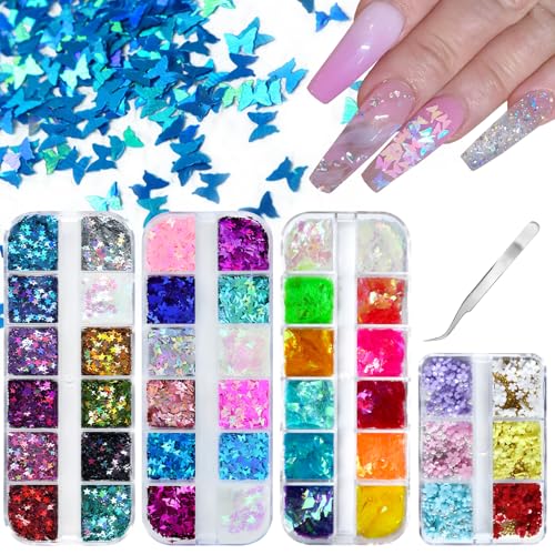 Lifextol 36 Grids Nail Glitter for Nails Art Decoration Kit&6 Grids Flower Nail Charms and Gems for Press Nail Design, Butterfly Chunky Glitter Flakes Star Nail Sequins Holographic Nail Foil Glitter
