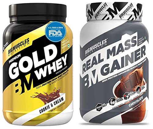 Image of Bigmuscles Nutrition Premium Gold Whey 1Kilogram Whey Protein Isolate Blend | 25g Protein Per Serving [Cookie & Cream] & Real Mass Gainer [1Kilogram, Chocolate], 37 Grams