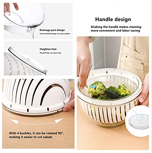Easy Fruit Vegetable Salad Cutter Bowl, Fantes Multi-Function Kitchen Colander Strainer Double Layered Rotatable (Big - Transparent + White) - Image 2