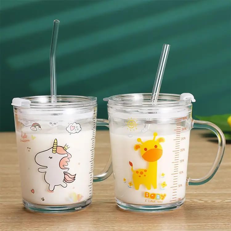 Image of ANKUL Leakproof Random Design Set of 2 Glass Measuring Drinking Mug 350 ml with Handle and Clear Lid with Silicone Straw for Girls & Boys Multiple Usage (2, Kid Mug)