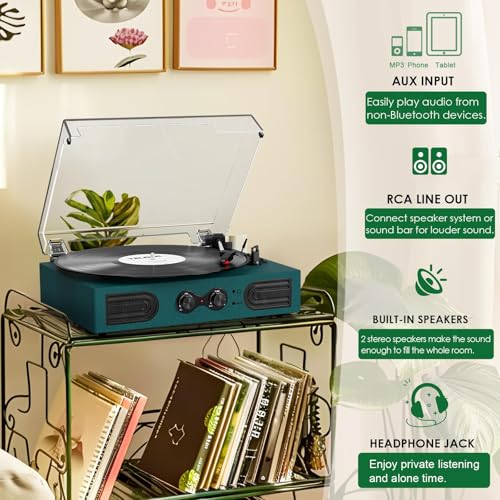 Image of Vinyl Record Player with Built-in Speakers 3-Speed Vintage Record Player Support Treble& Bass Control, 3.5mm Headphone Jack, RCA-Out /Aux in, Belt-Driven LP Turntable,Dark Green