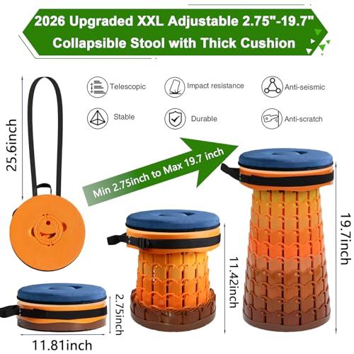 Image of 2026 Upgraded XXL Collapsible Stool with Thick Cushion,19.7 inchH-11.8 inchD Telescoping Folding Stool for Adults, More Sturdy Camping Stools with Load Capacity 1000lbs for Outdoor,Garden,Fishing,Hiking