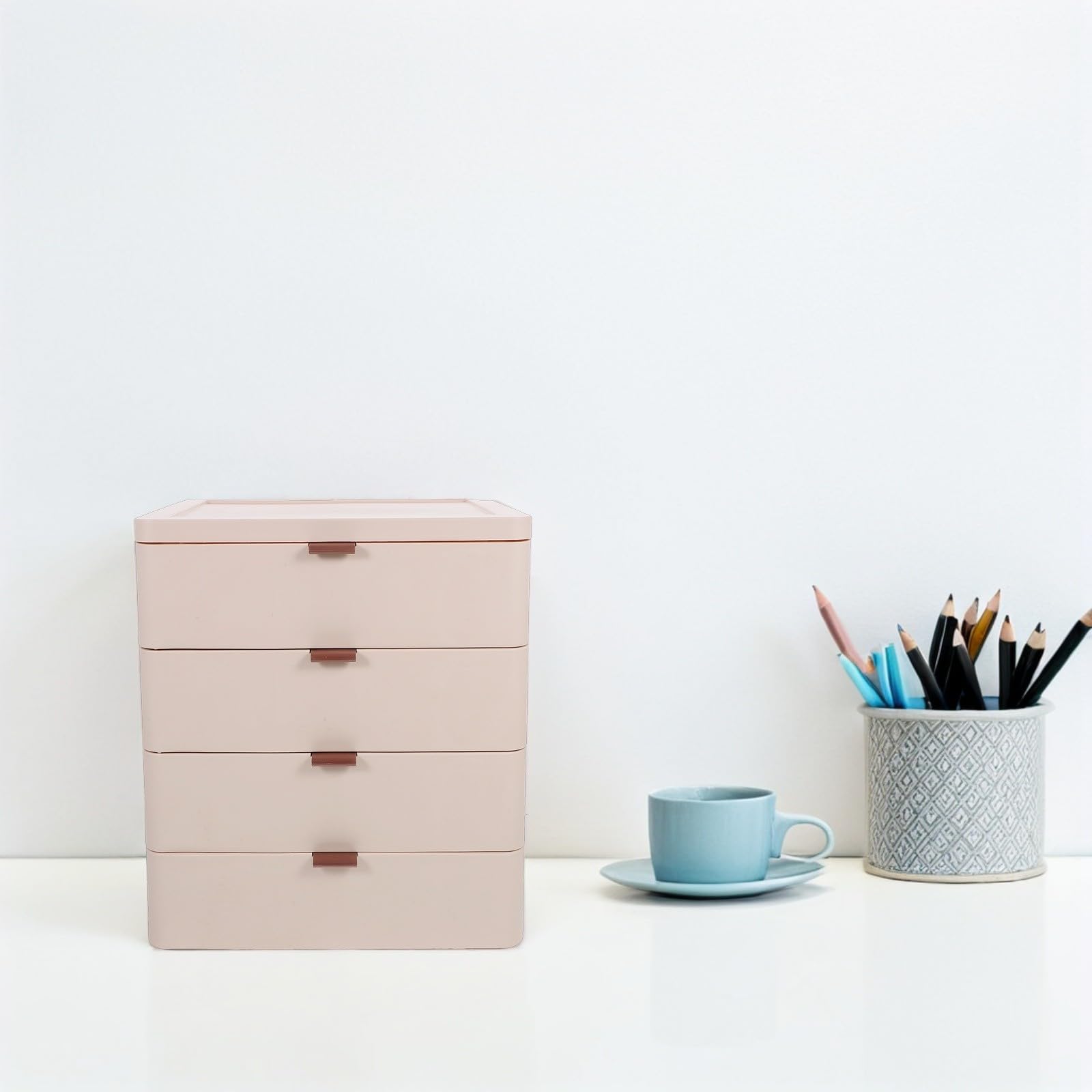 TEHAUX Organizzatore da Scrivania Scatola Porta Trucchi Multilivello Versatile con 4 Cassetti in Plastica Pp per Cosmetici e Piccoli Oggetti, per Dormitori e Hotel