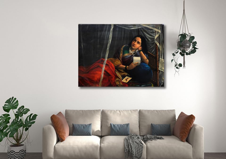 Image of Sikhash Raja Ravi Varma Canvas Paintings Classic Art, Indian Art, Famous Artist, Wall Painting for Living Room, Bedroom, Office, Unframed, Multicolor Fabric Size - 23x17 inches (58x43 cms, Woman weeping in Love)