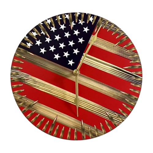 uaswguDFS American Flag Wall Clock 16 Inch Vintage Patriotic Gun Clock with Battery Operated Wooden Round Independence Day Clocks for Home Kitchen Living Room Bedroom Decor