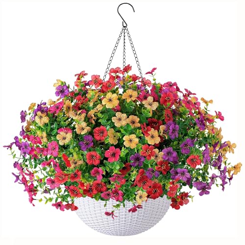HyeFlora Artificial Faux Hanging Plants Flowers Basket for Outdoor Outside Spring Summer Decoration, Fake Silk UV Sun Resistant Realistic Colorful Daisy for Porch Patio Balcony Home